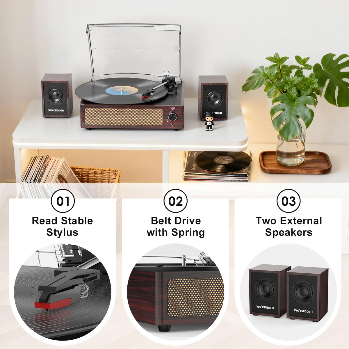 WOCKODER belt-drive turntable supporting 33 1/3, 45, and 78 RPM records