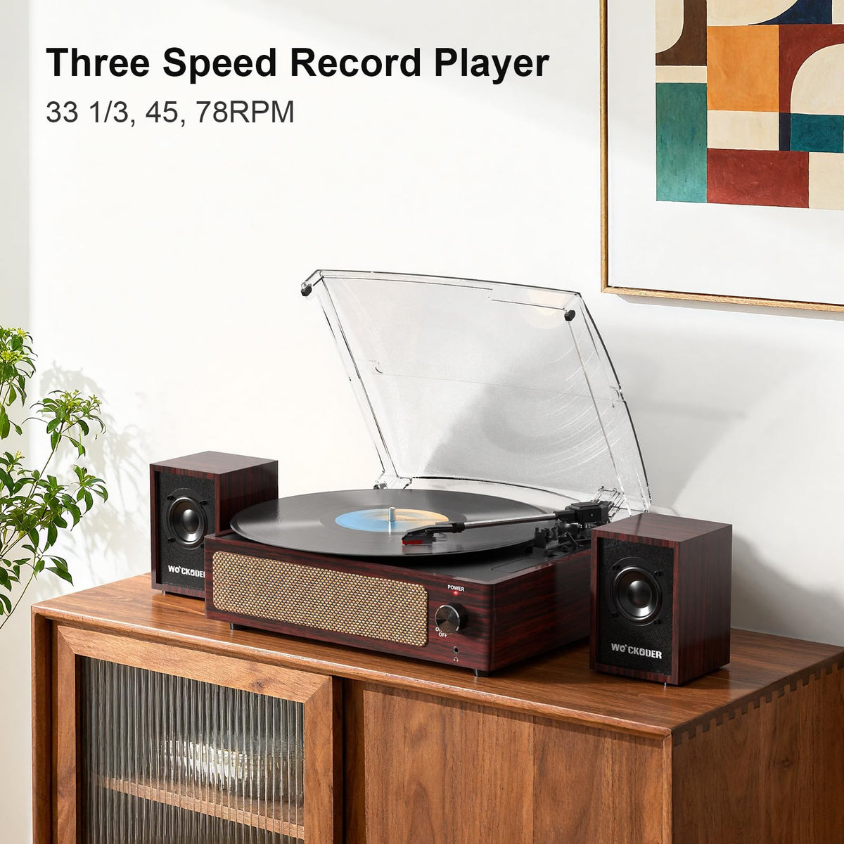 WOCKODER external bookshelf speakers paired with the turntable for room-filling stereo sound