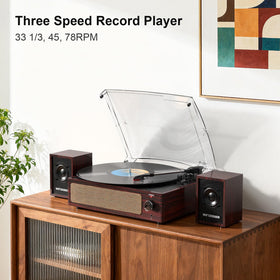 WOCKODER external bookshelf speakers paired with the turntable for room-filling stereo sound