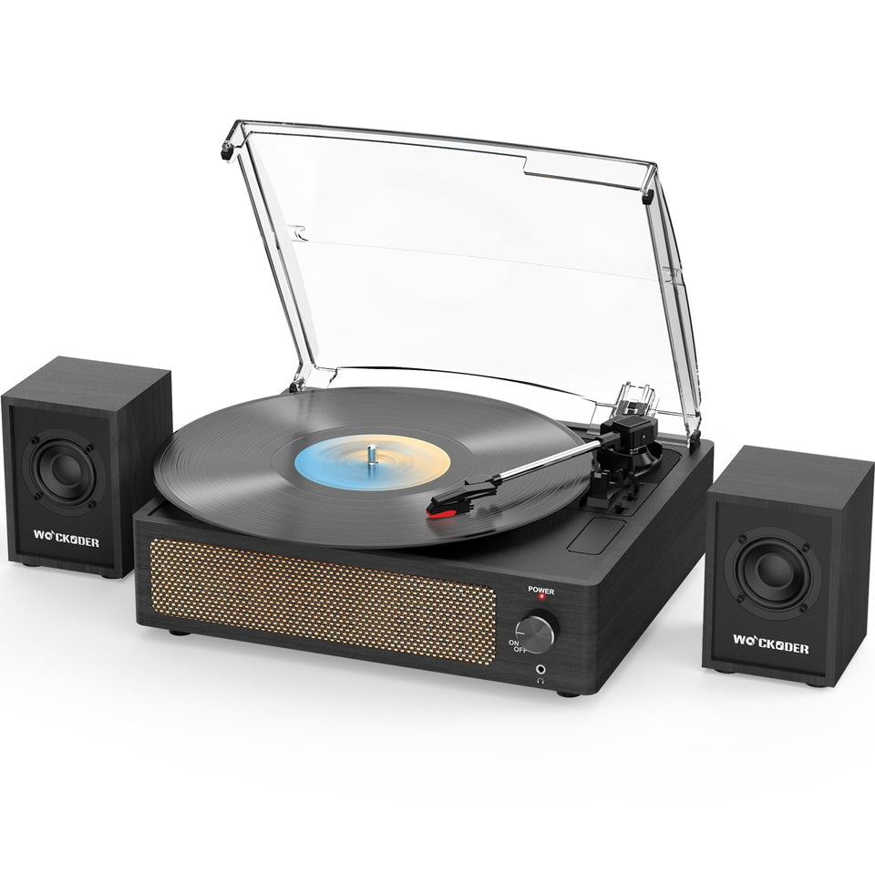 WOCKODER record player with external speakers delivers room-filling sound.