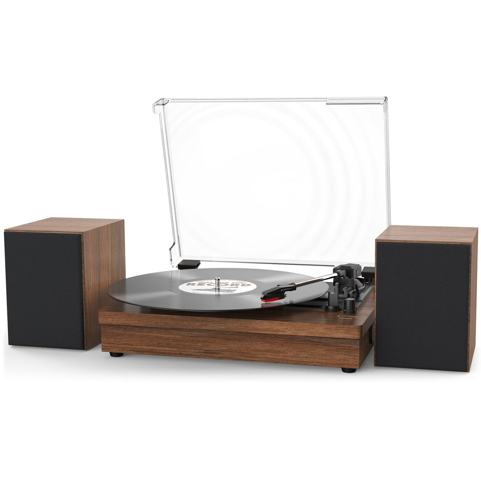 WOCKODER record player with speakers in redbrown for rich, all-in-one vinyl playback.