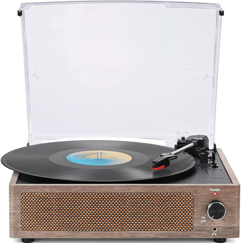 WOCKODER vinyl player with wooden grain cabinet for warm, nostalgic listening at home