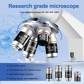 Woehrsh trinocular microscope with 195 achromatic objective for sharp imaging.