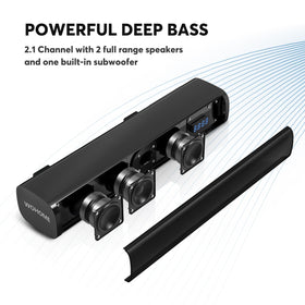 Wohome S100 close-up of drivers and grille highlighting built-in subwoofer benefit