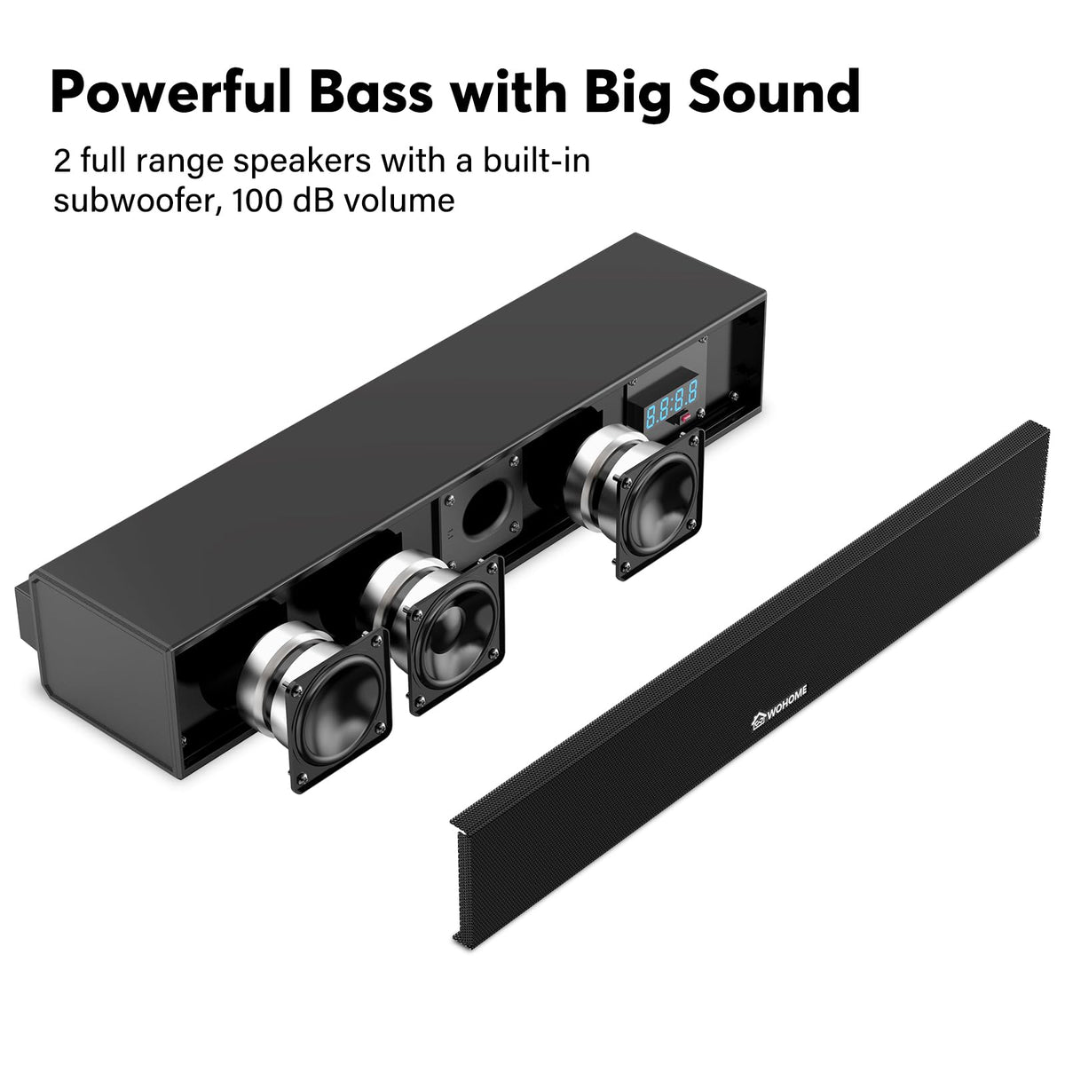 Wohome sound bar close-up of controls and display for easy operation and quick adjustments