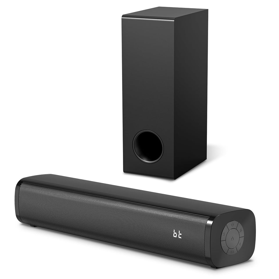 Wohome sound bar front view showing slim profile and speaker grilles, improves TV audio