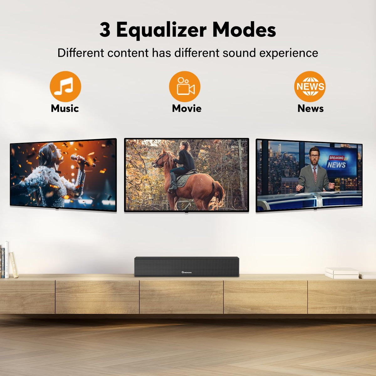 Wohome sound bar beside a 32-inch TV showing compact scale for small rooms
