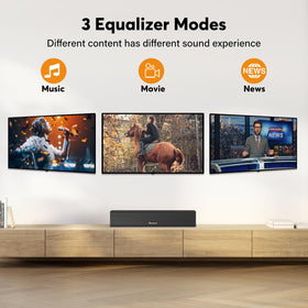 Wohome sound bar beside a 32-inch TV showing compact scale for small rooms