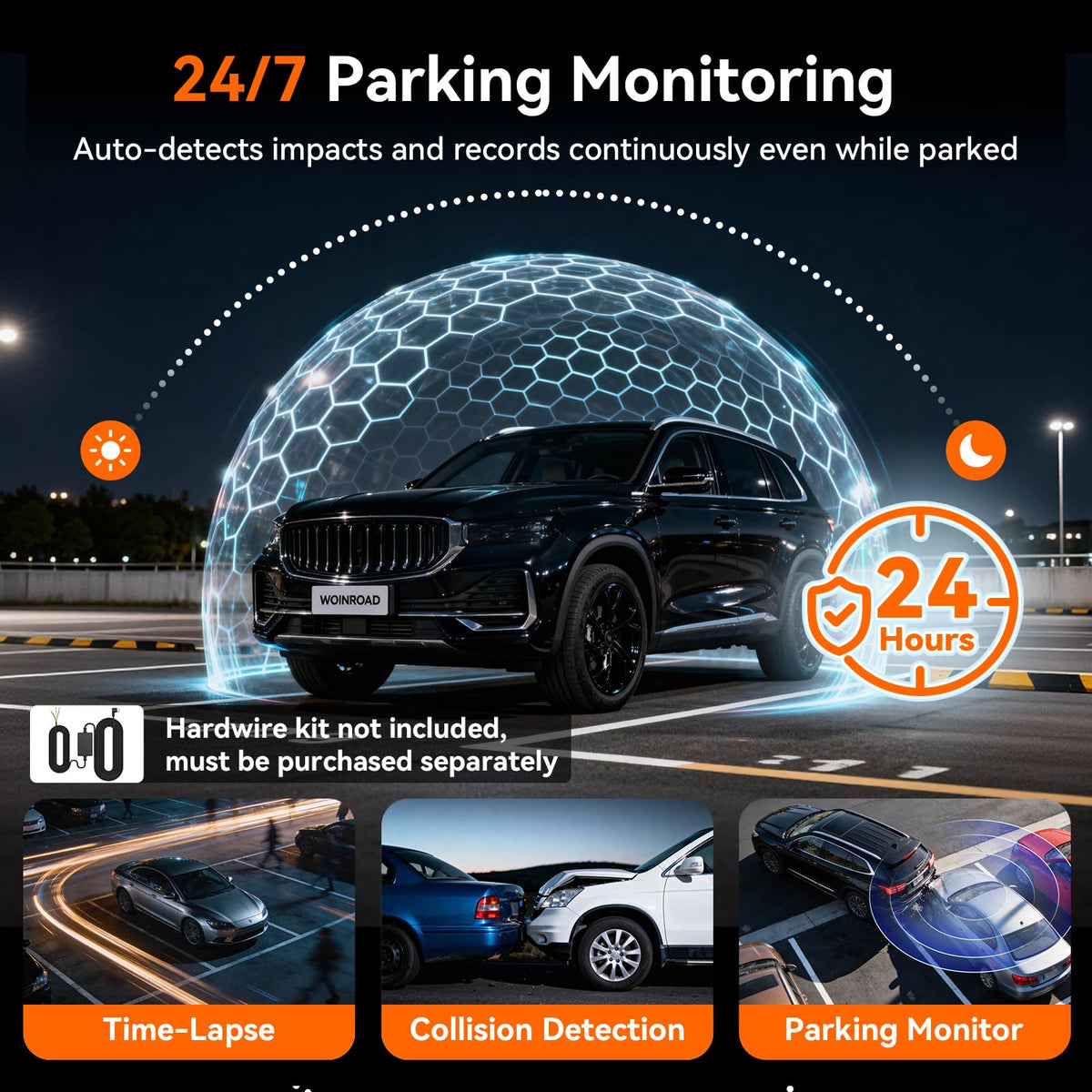 WOINROAD 24-hour parking monitor activates with compatible kit.
