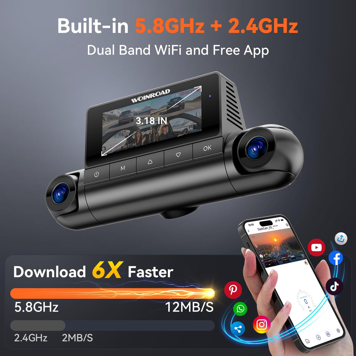 WOINROAD Wi-Fi app connects for quick video preview and sharing.