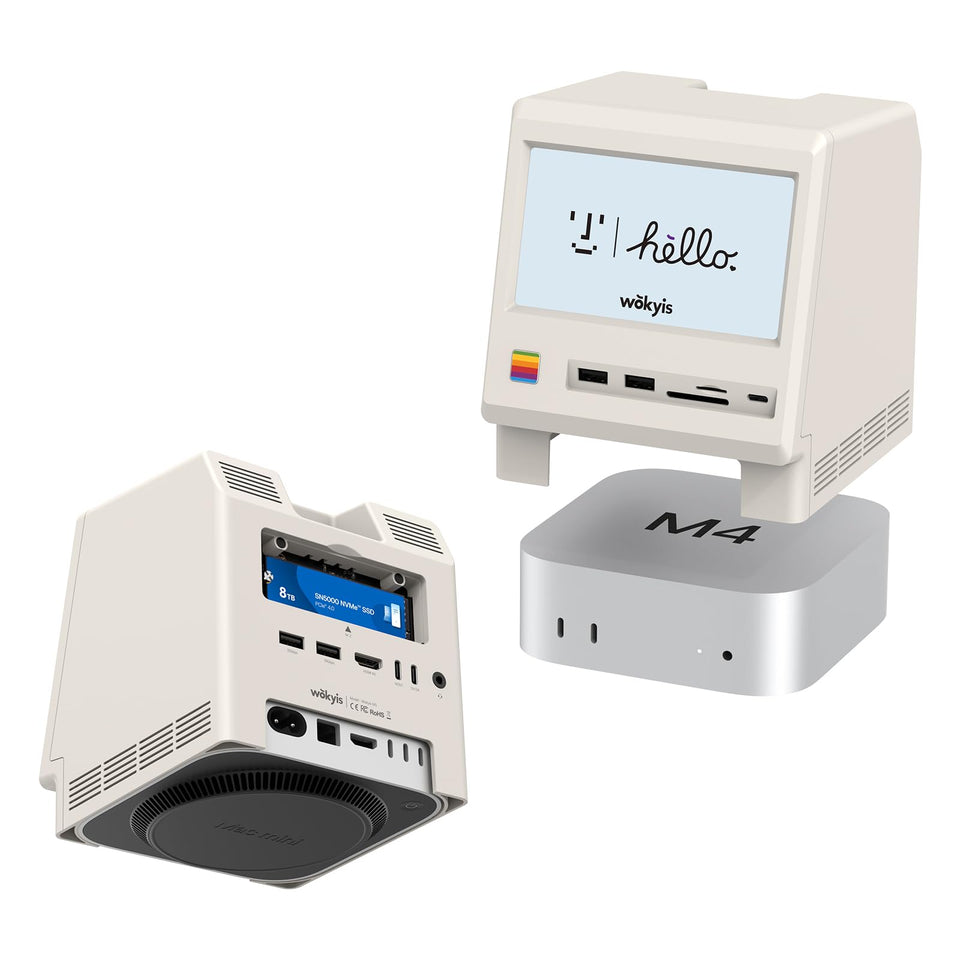 Wokyis M5 retro dock front view with Mac mini for tidy desk organization