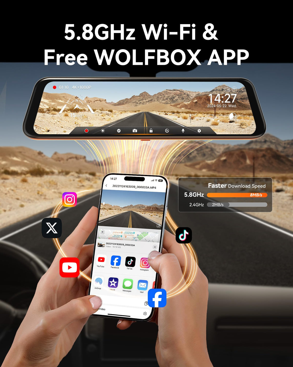 Wolfbox G850 12-inch display for easy on-dash viewing.