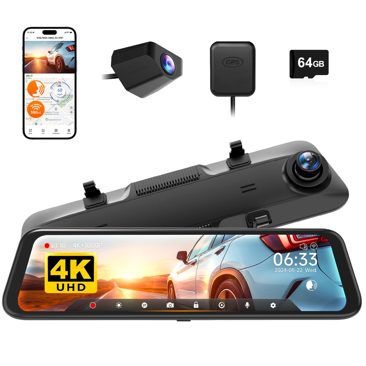 Wolfbox G850 front 4K view for sharp road details and legible signs.