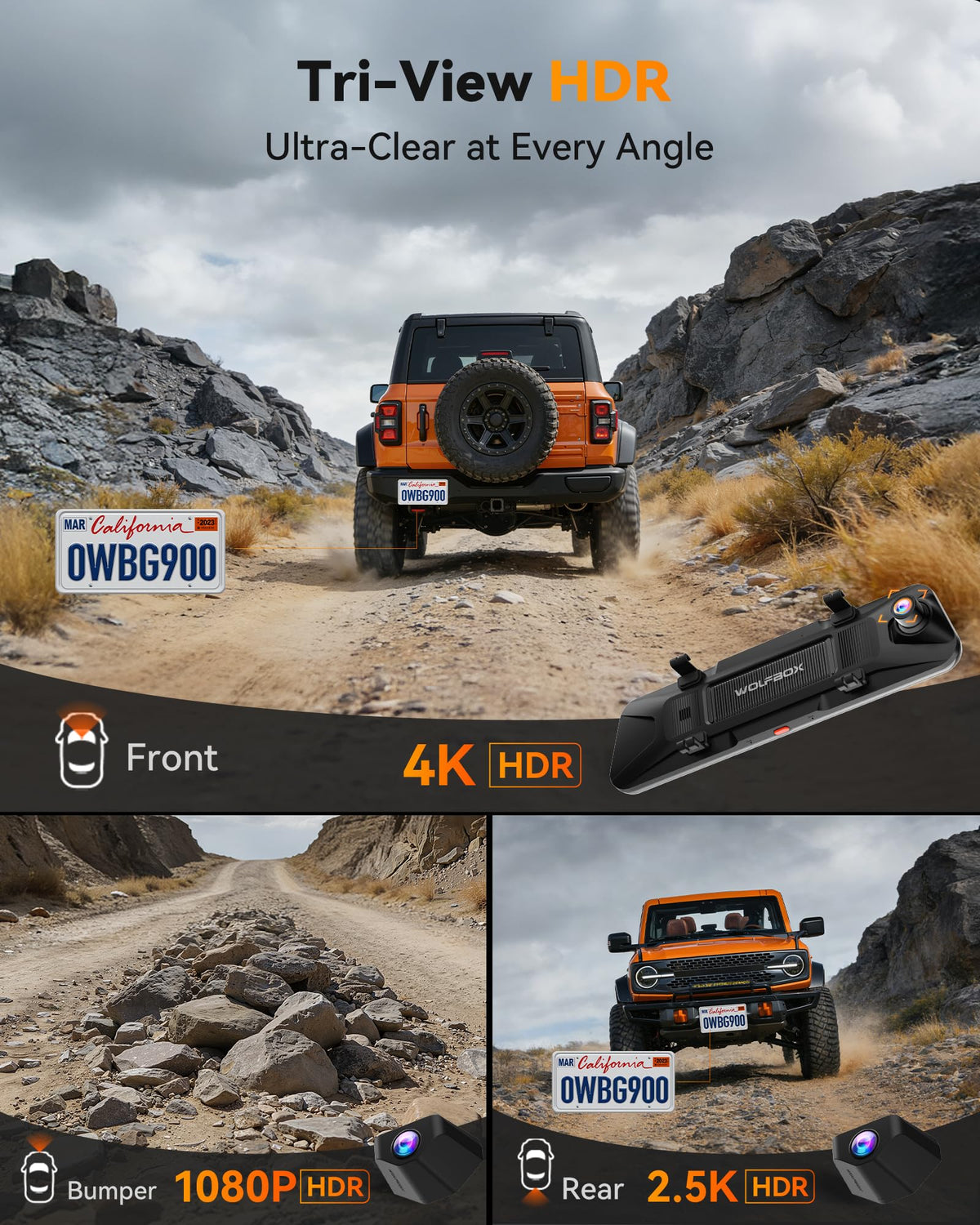 WOLFBOX G900 bumper view camera reduces front blind spots on uneven terrain.