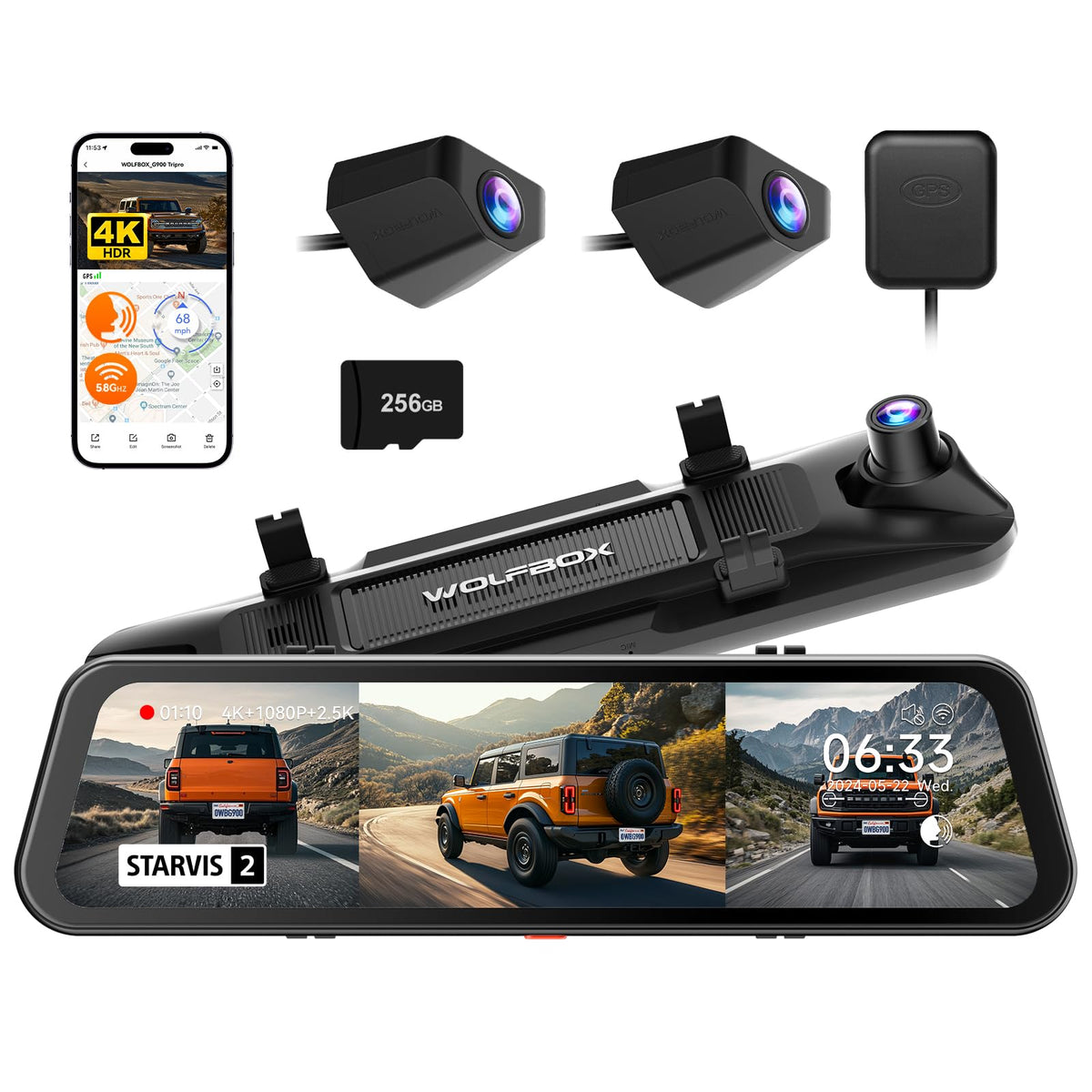 WOLFBOX G900 front 4K camera captures ultra-sharp daytime footage.