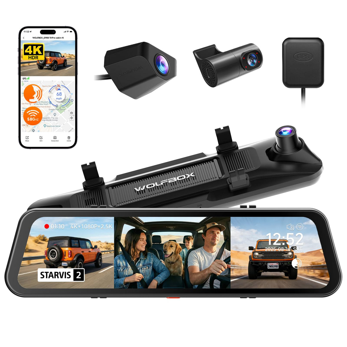 WOLFBOX G900 front 4K camera capturing license plates clearly during daytime.