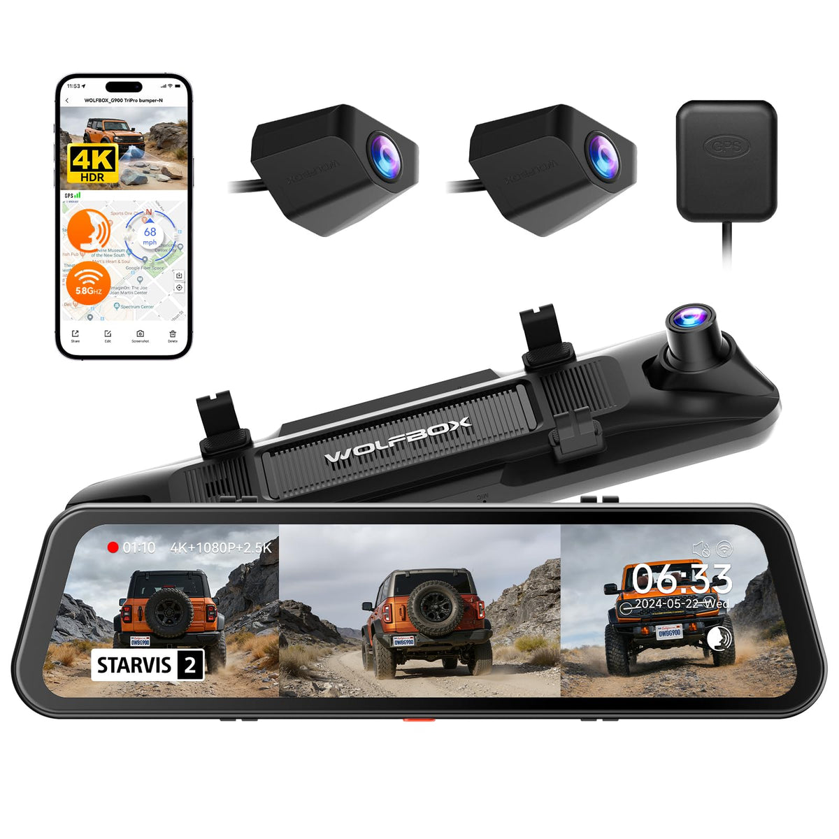 WOLFBOX G900 front 4K camera captures sharp road details and signs.
