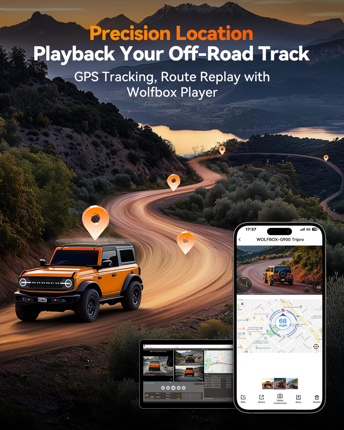 WOLFBOX G900 GPS helps log trip routes and locations.