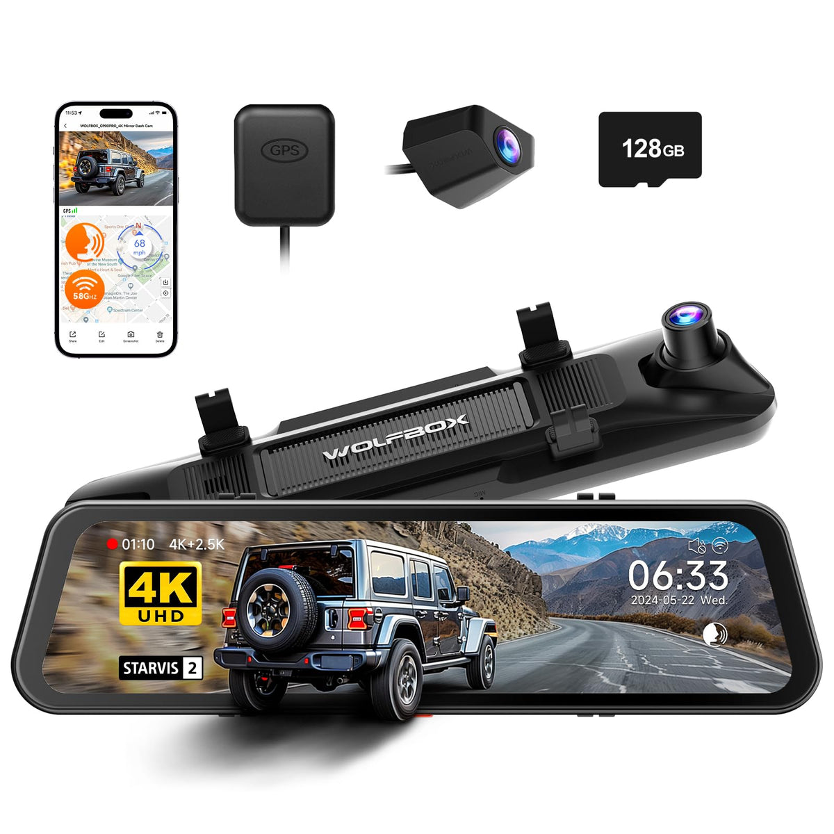 WOLFBOX G900 PRO front 4K view for crisp road detail.