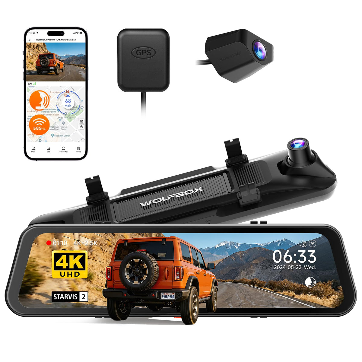 Wolfbox G900 PRO-N front camera 4K captures crisp license plates and road details for evidence