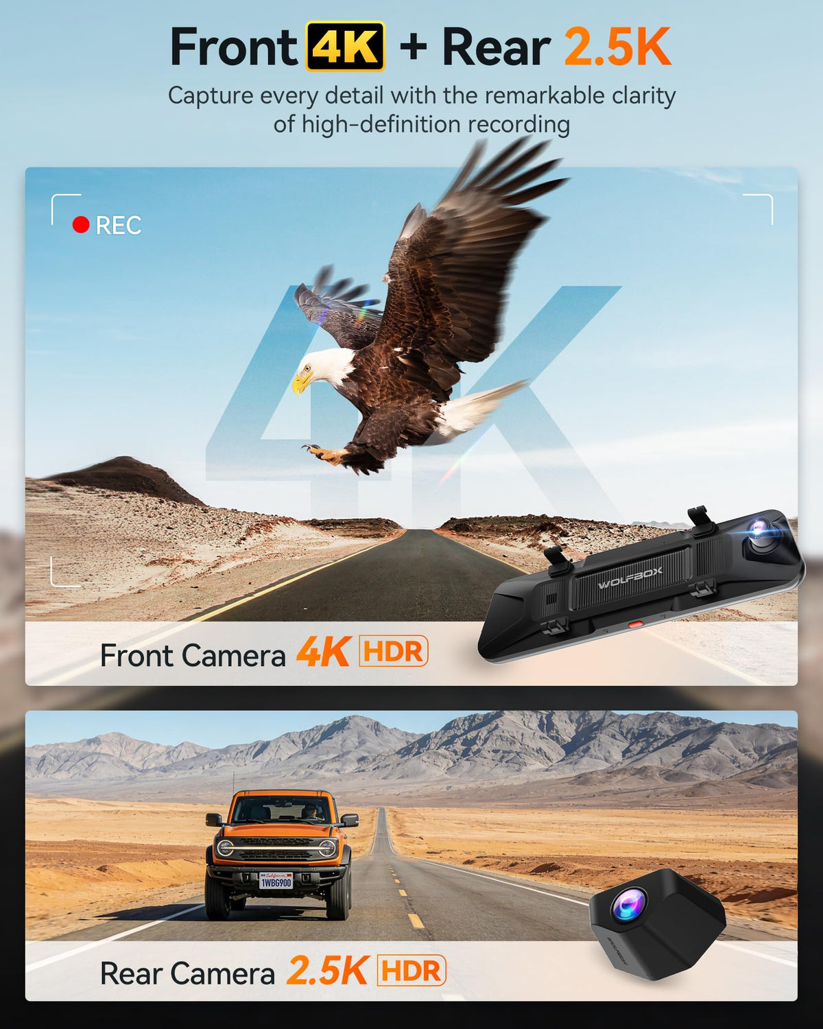 Wolfbox G900 PRO-N rear camera 2.5K provides a clear view of events behind you