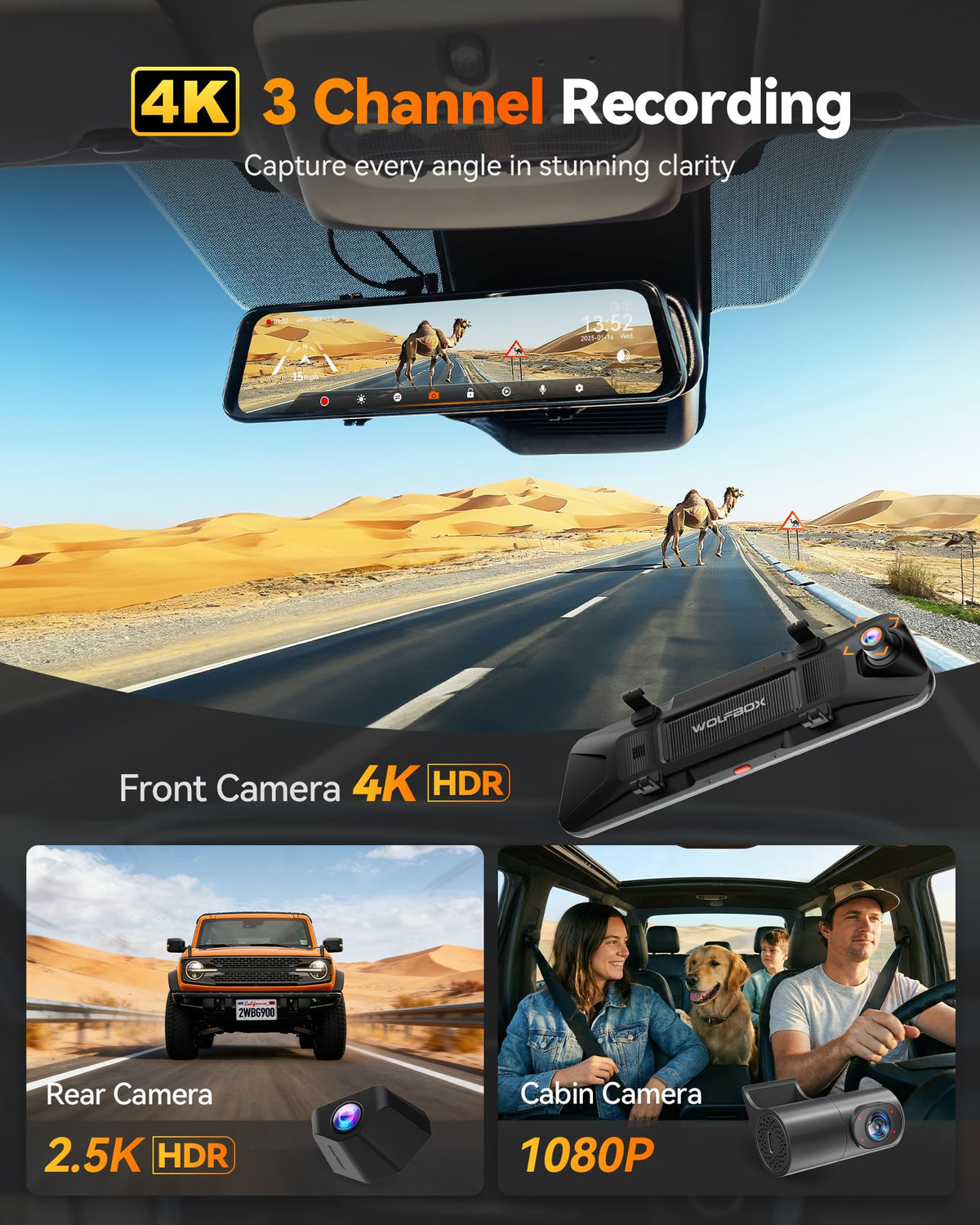 WOLFBOX G900 rear 2.5K camera providing sharp night visibility from behind.
