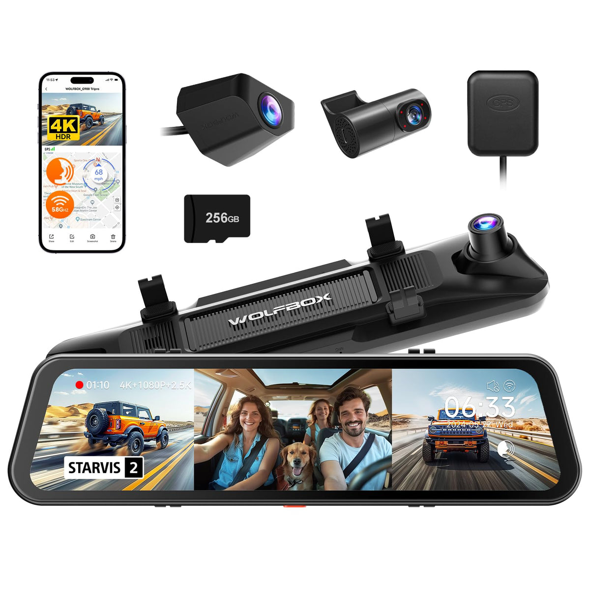 WOLFBOX G900 Tripro front camera 4K captures clear day and night scenes.