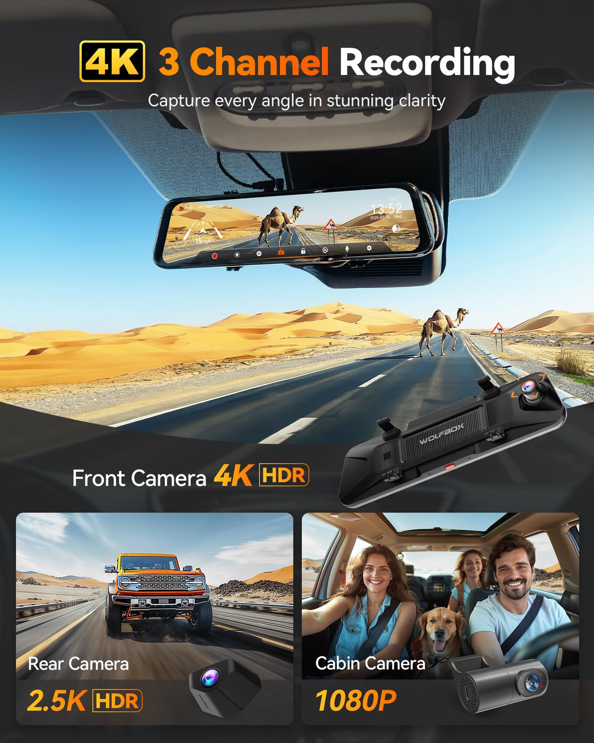 WOLFBOX G900 Tripro rear camera 2.5K delivers detailed road imagery.
