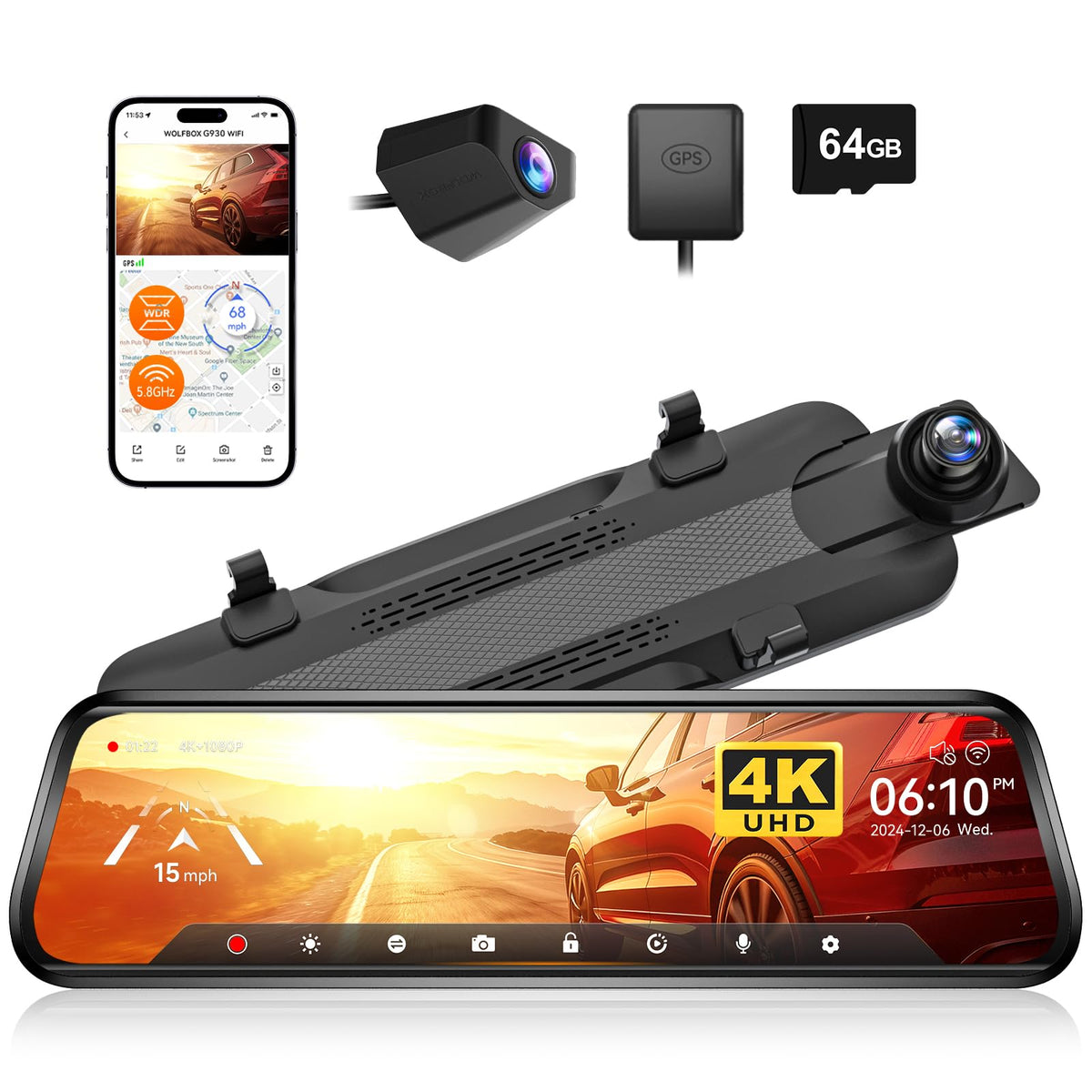 WOLFBOX G930 front rear 4K dash cam with split screen view for awareness