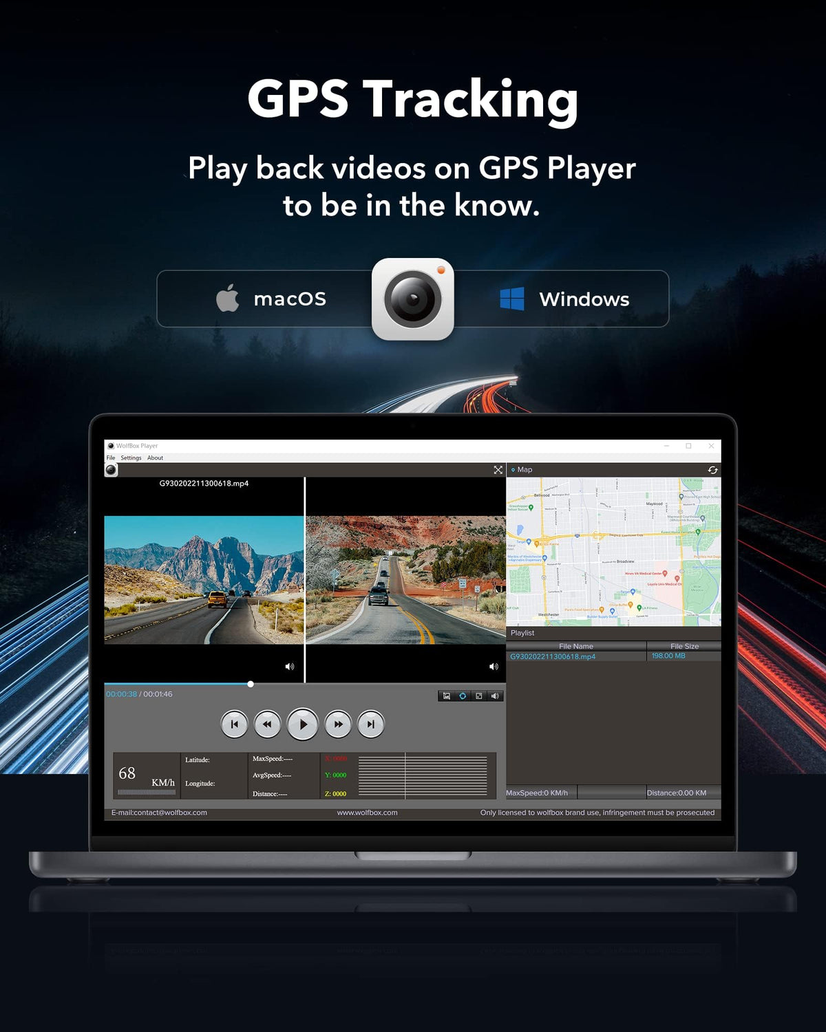 WOLFBOX G930 GPS tracking shows speed and direction on screen