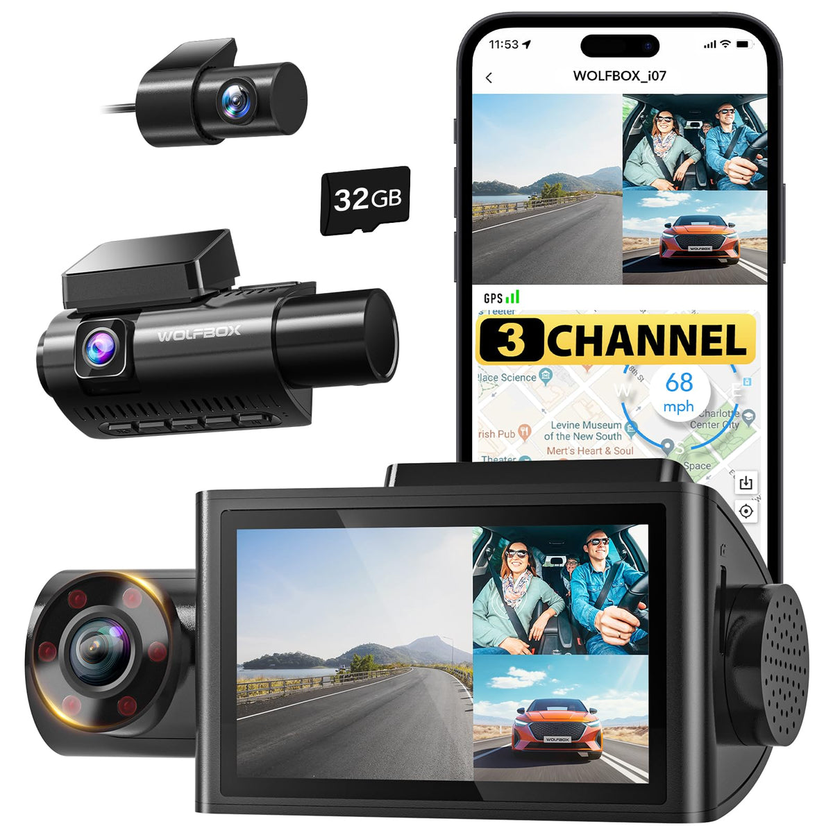 WOLFBOX i07 front camera in 4K for crisp road footage and evidence