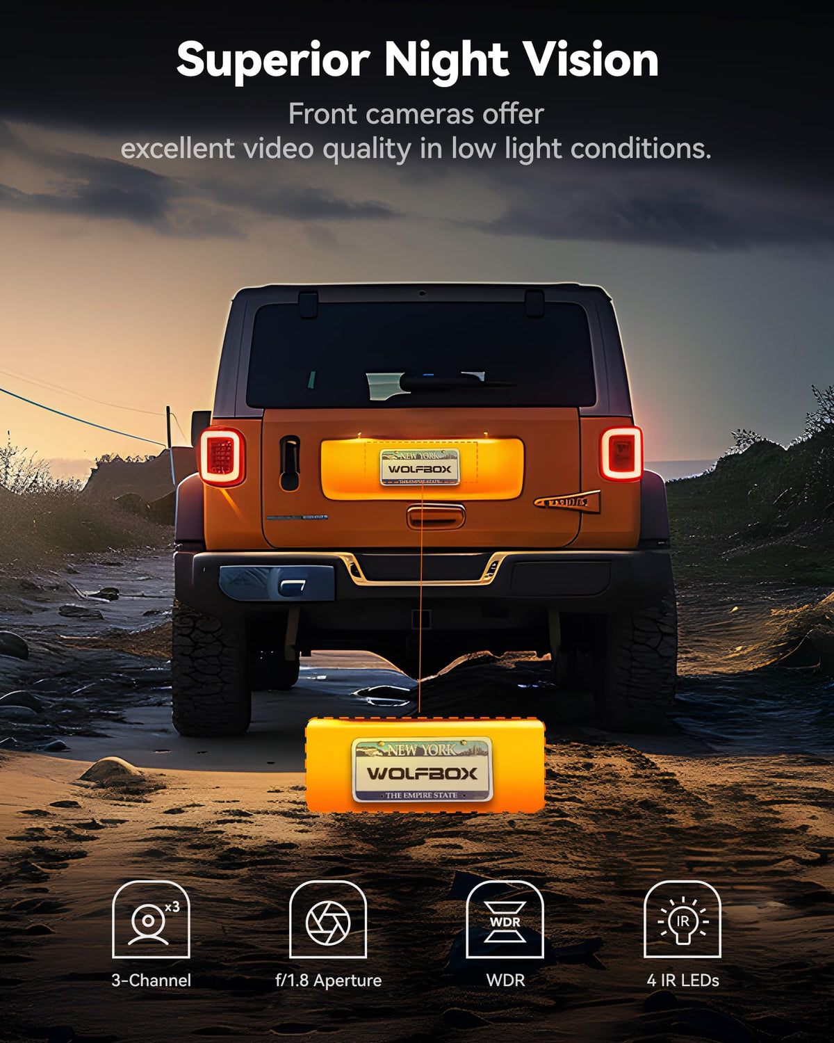 WOLFBOX installed three-channel setup demonstrating full vehicle coverage