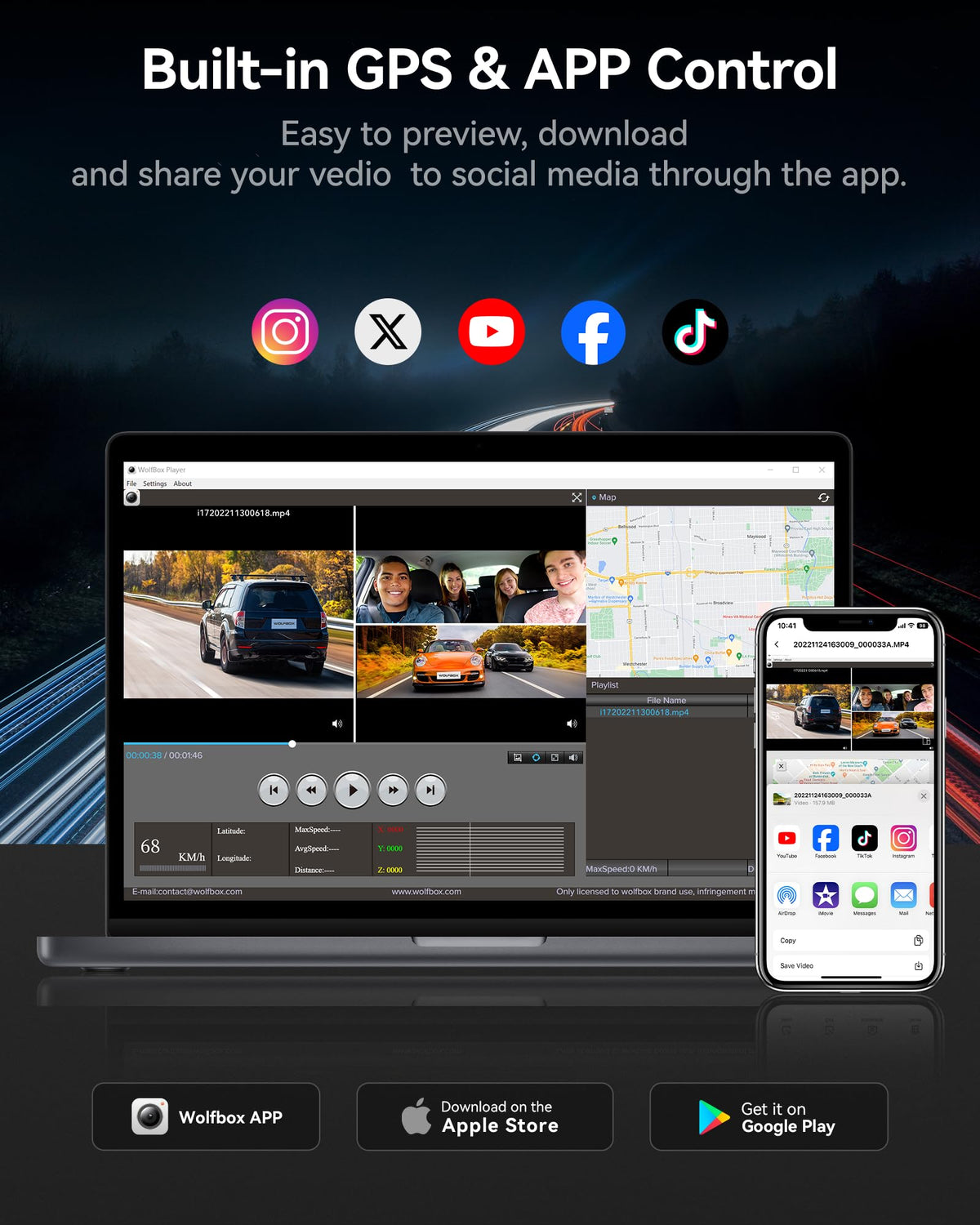 WOLFBOX phone transfer via 5.8GHz Wi‑Fi for fast video downloads