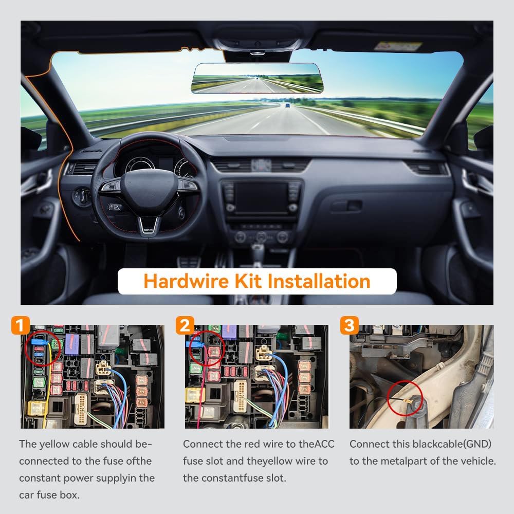WOLFBOX kit powering dash cam in parked car for continuous surveillance and peace of mind