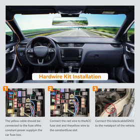 WOLFBOX kit powering dash cam in parked car for continuous surveillance and peace of mind