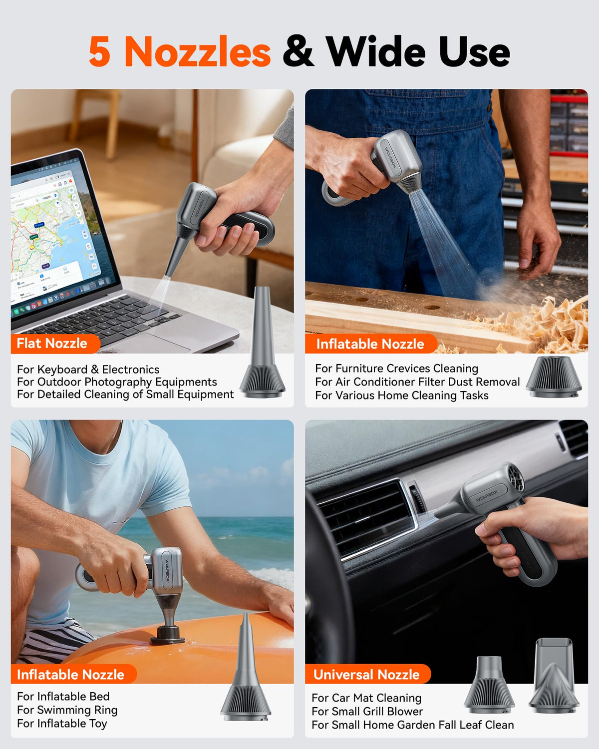 WOLFBOX MF60/MF70 car interior cleaning for vents and dust.