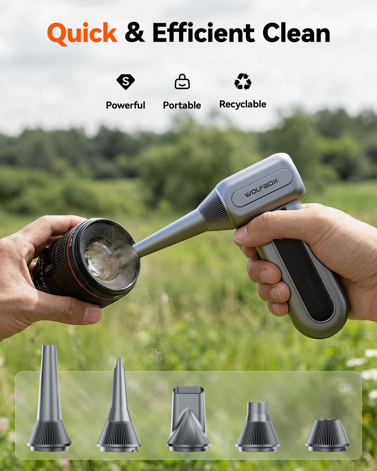 WOLFBOX MF60/MF70 nozzles set for keyboards, cars, and electronics.