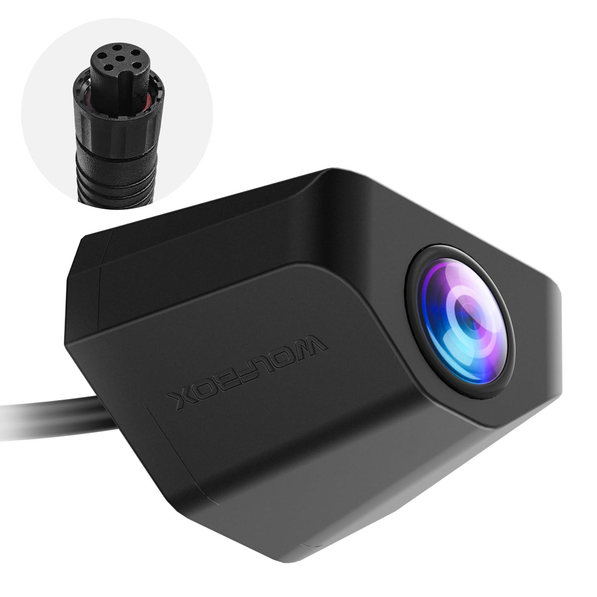 WOLFBOX rear camera front view showing compact housing and clear optics, improving rear visibility