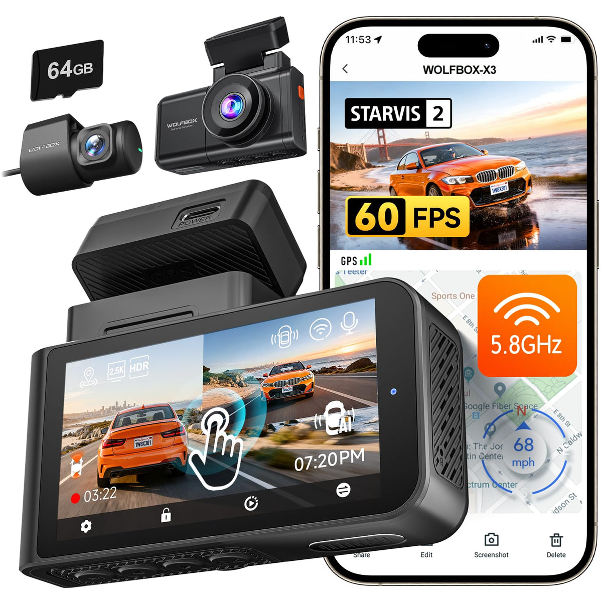 WOLFBOX X3 front camera delivers 2.5K 60fps for smooth highway footage