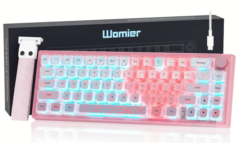 Womier VK66 PRO front view showing pink keyboard and vibrant RGB lighting for style