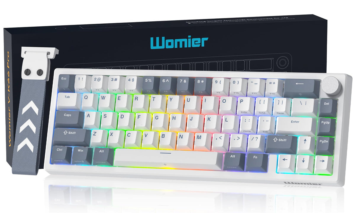 Womier VK66 PRO front view showing compact 60% layout and RGB, highlights desk space benefit