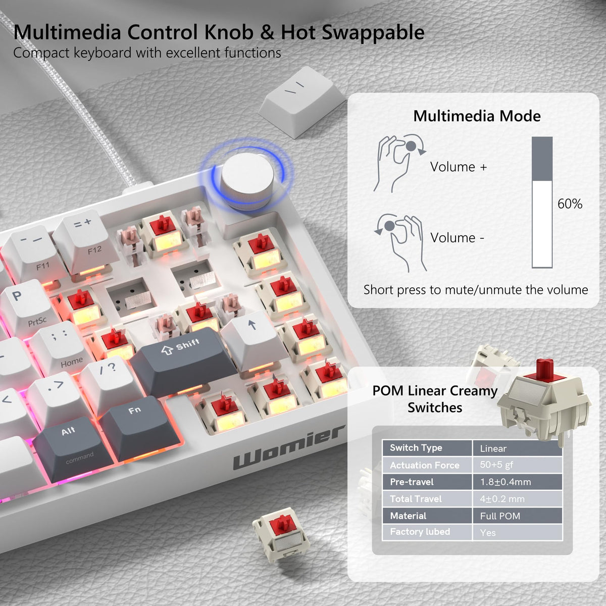 Womier VK66 PRO gasket mount detail illustrating dampened vibrations and quieter typing benefit