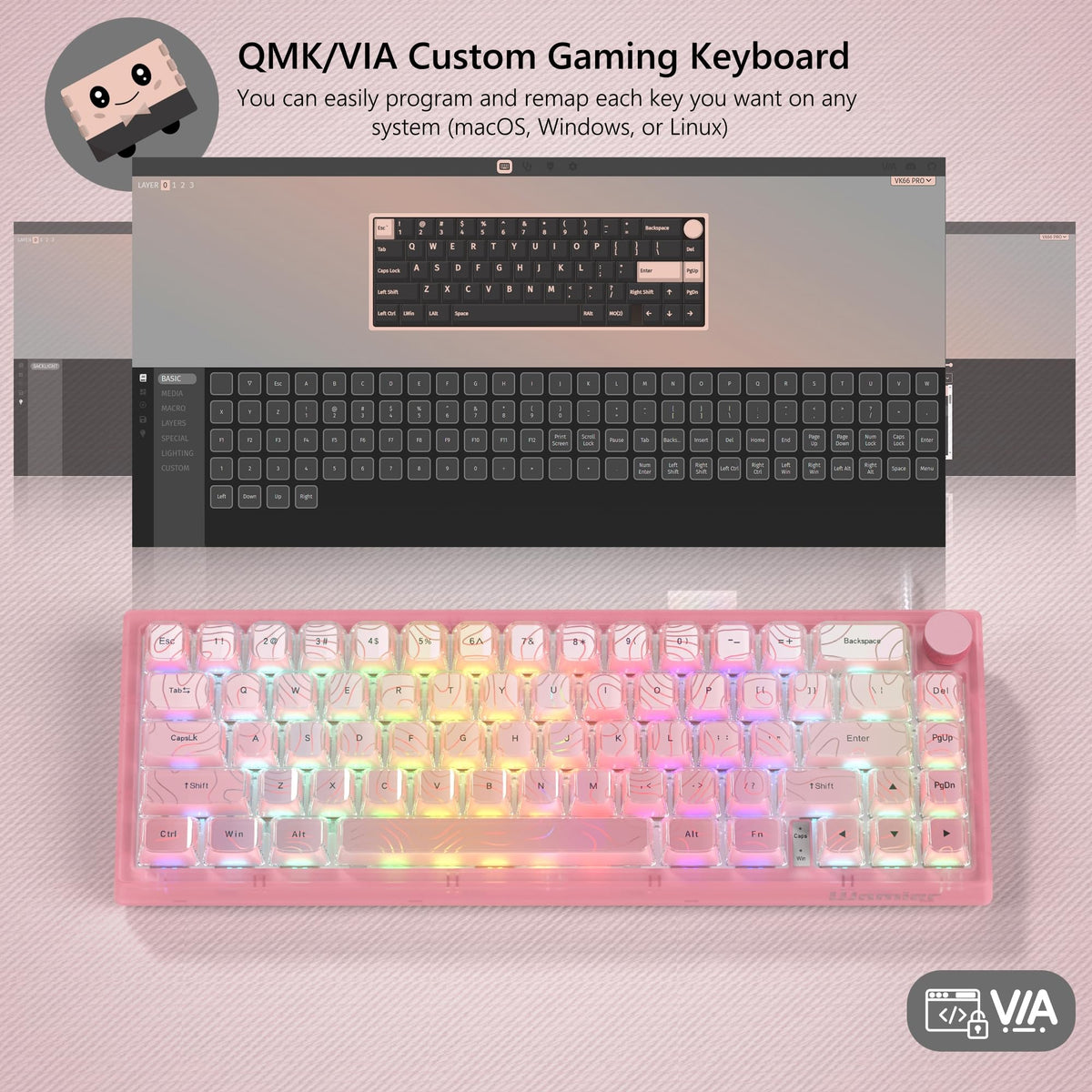 Womier translucent pink keycaps close-up enhancing RGB diffusion for vivid glow