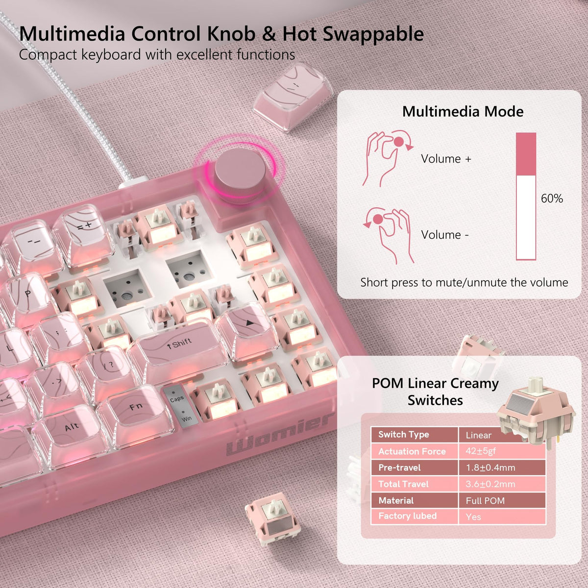 Womier POM linear switch close-up demonstrating smooth travel and creamy sound