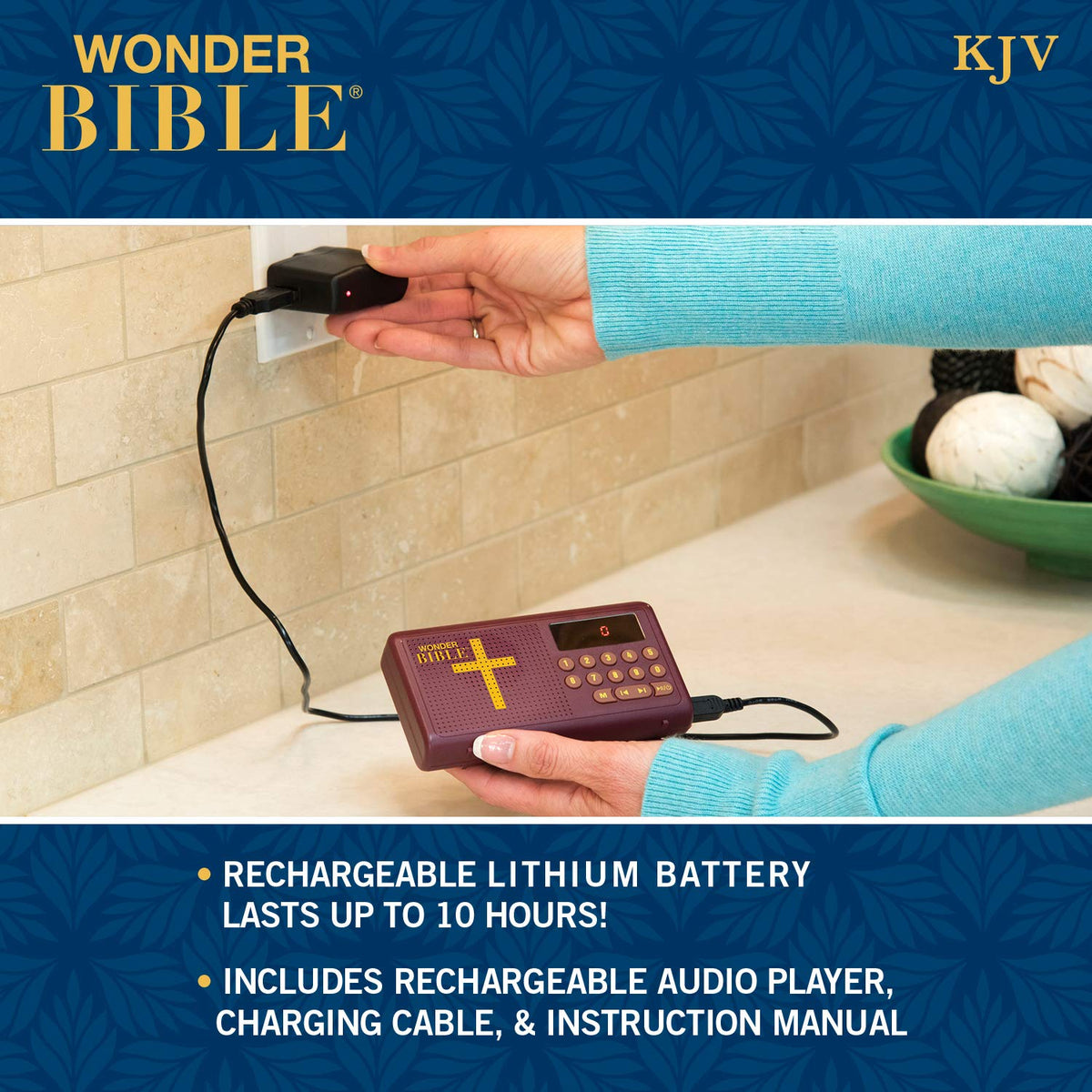 WONDER BIBLE on bedside table for quiet listening and daily reflection