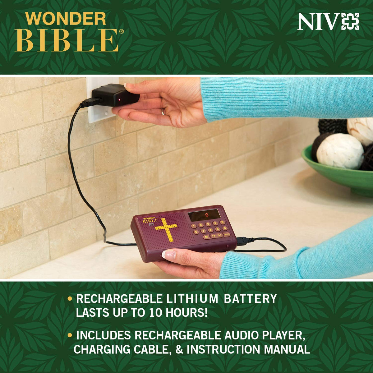 WONDER BIBLE placed by a chair with earphones demonstrating quiet personal listening