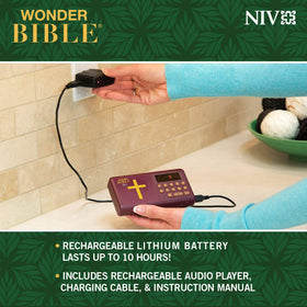 WONDER BIBLE placed by a chair with earphones demonstrating quiet personal listening