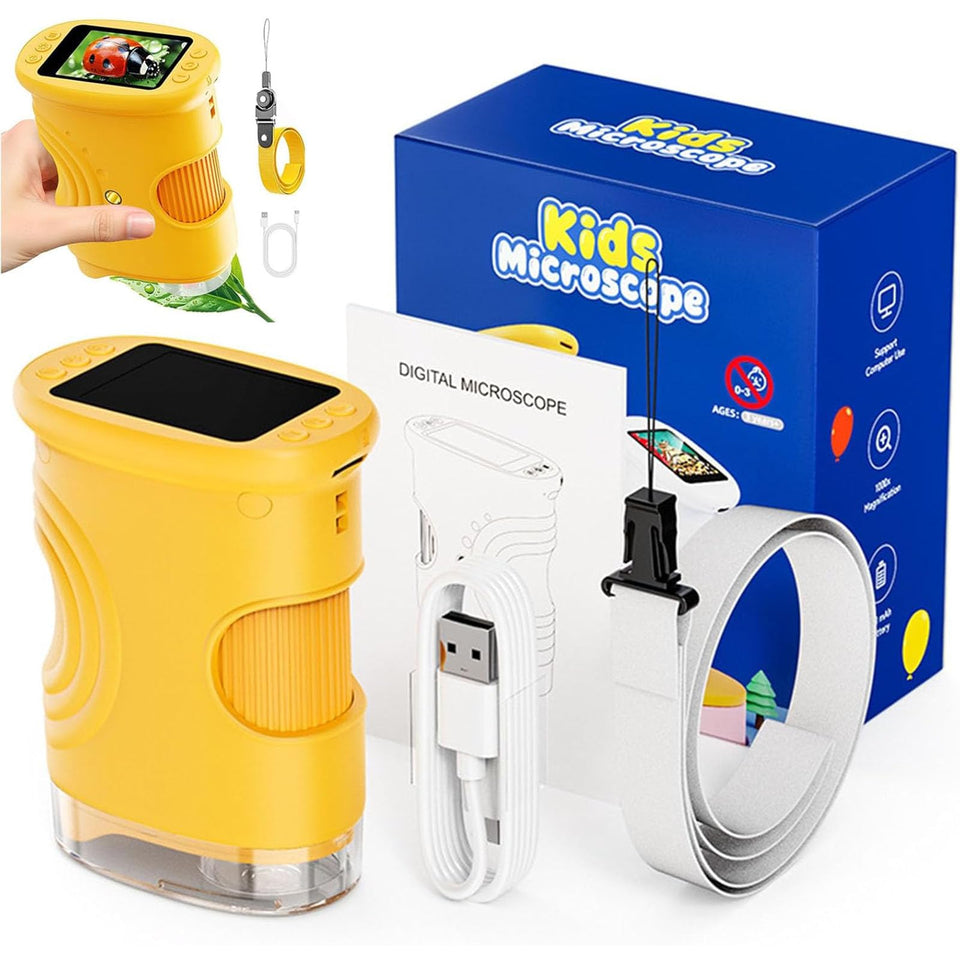 Wonder Quest front packaging showing bright yellow handheld microscope and benefits