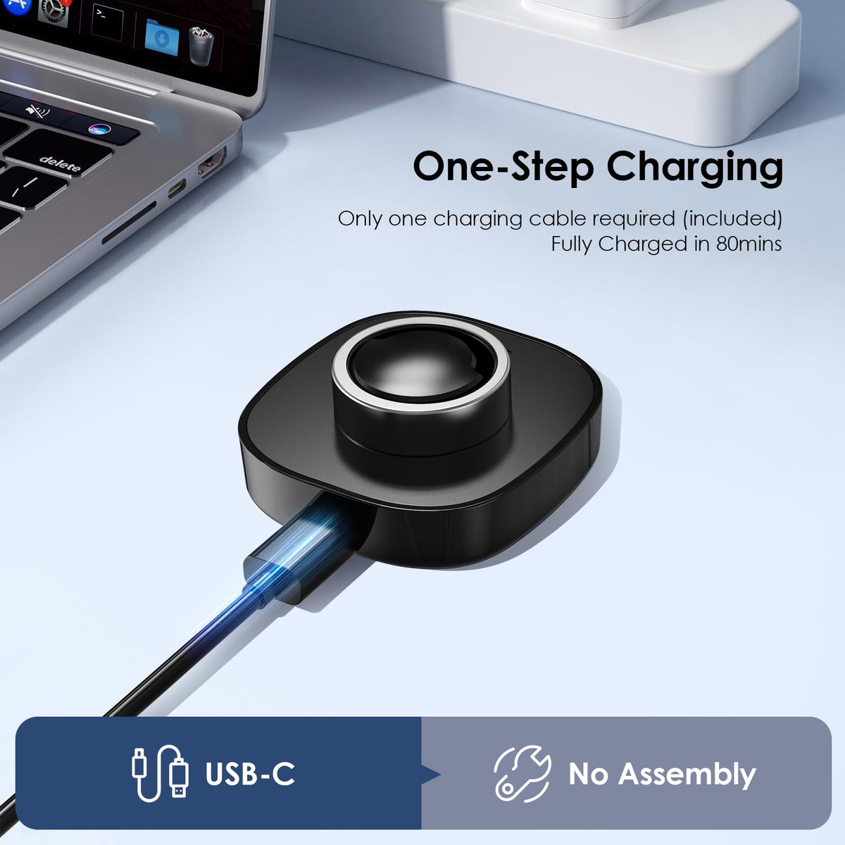 WONJOY compact bedside charging base fits neatly on a nightstand.
