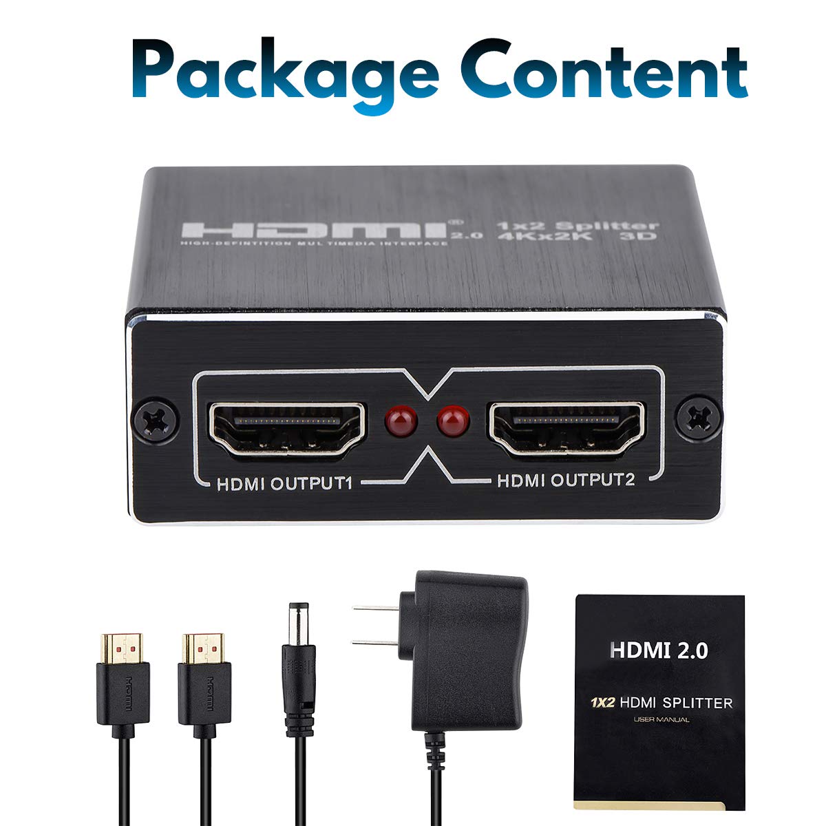 Wonlyus HDMI splitter box contents showing 5V adapter and manual for easy setup